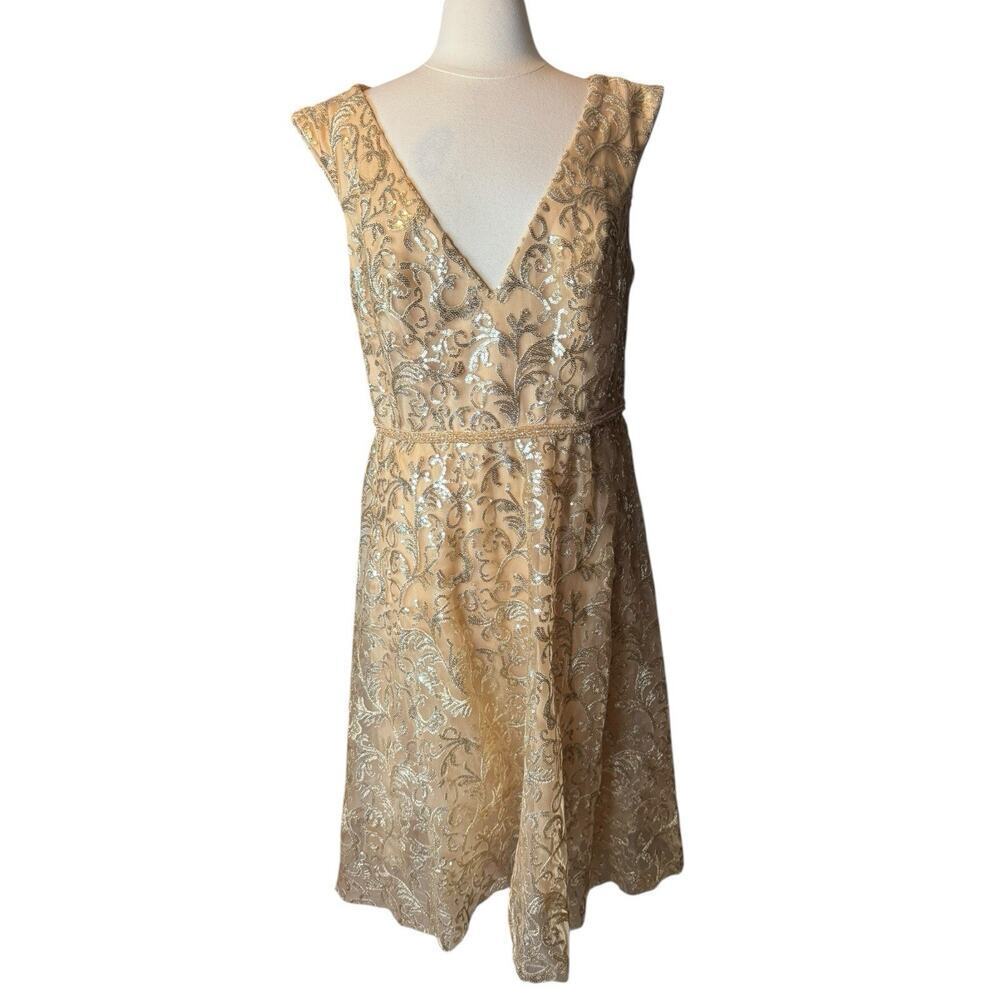 Mac Duggal Champagne Sequin Embellished Midi Dress